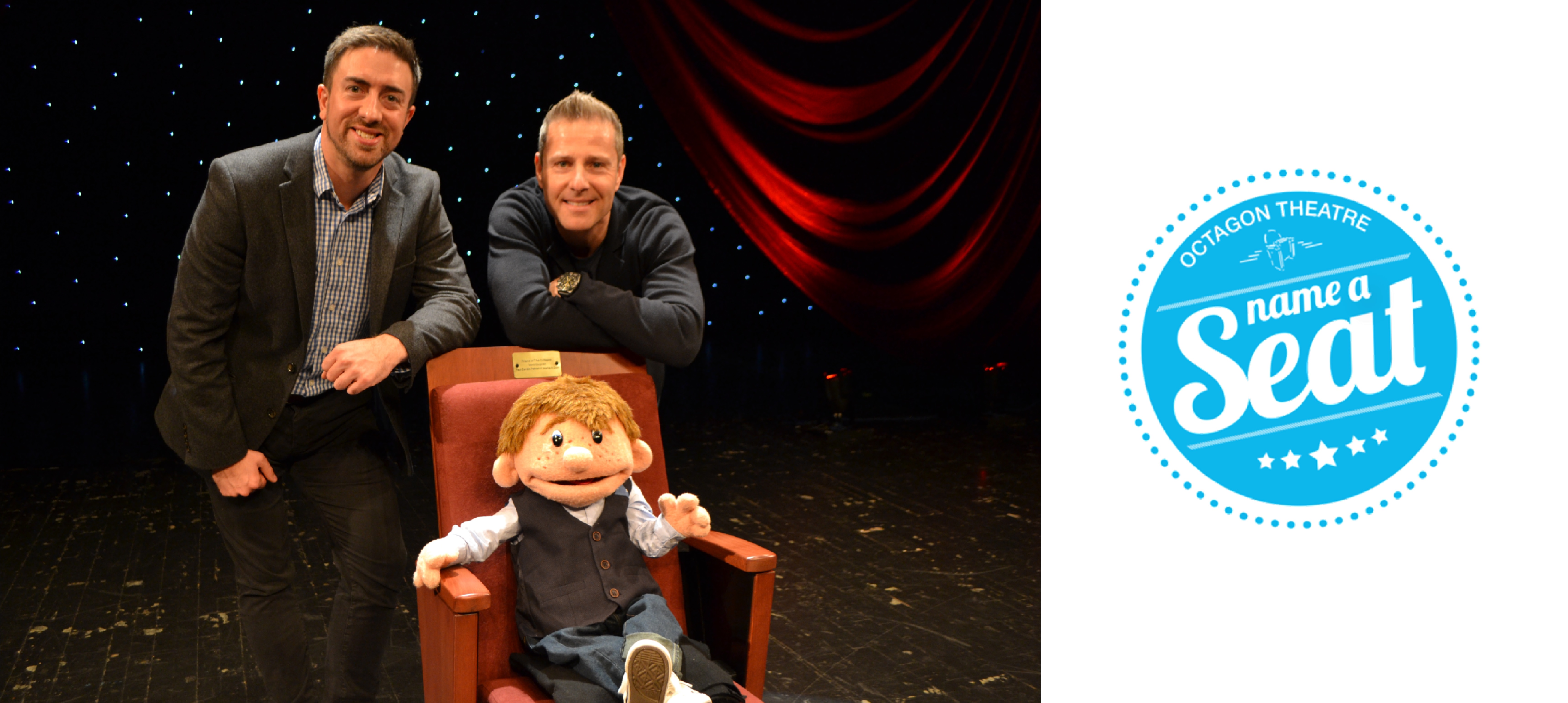 Paul Zerdin, Sam & Adam Burgan sat on a new theatre seat with the name a seat logo