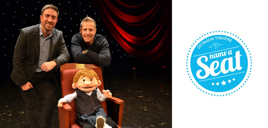 Paul Zerdin, Sam & Adam Burgan sat on a new theatre seat with the name a seat logo