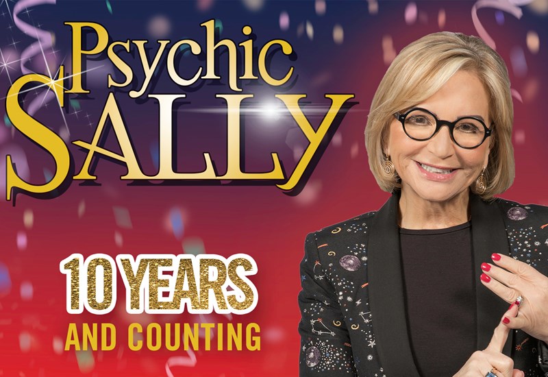 Sally Morgan in front of confetti with text saying 10 years & counting
