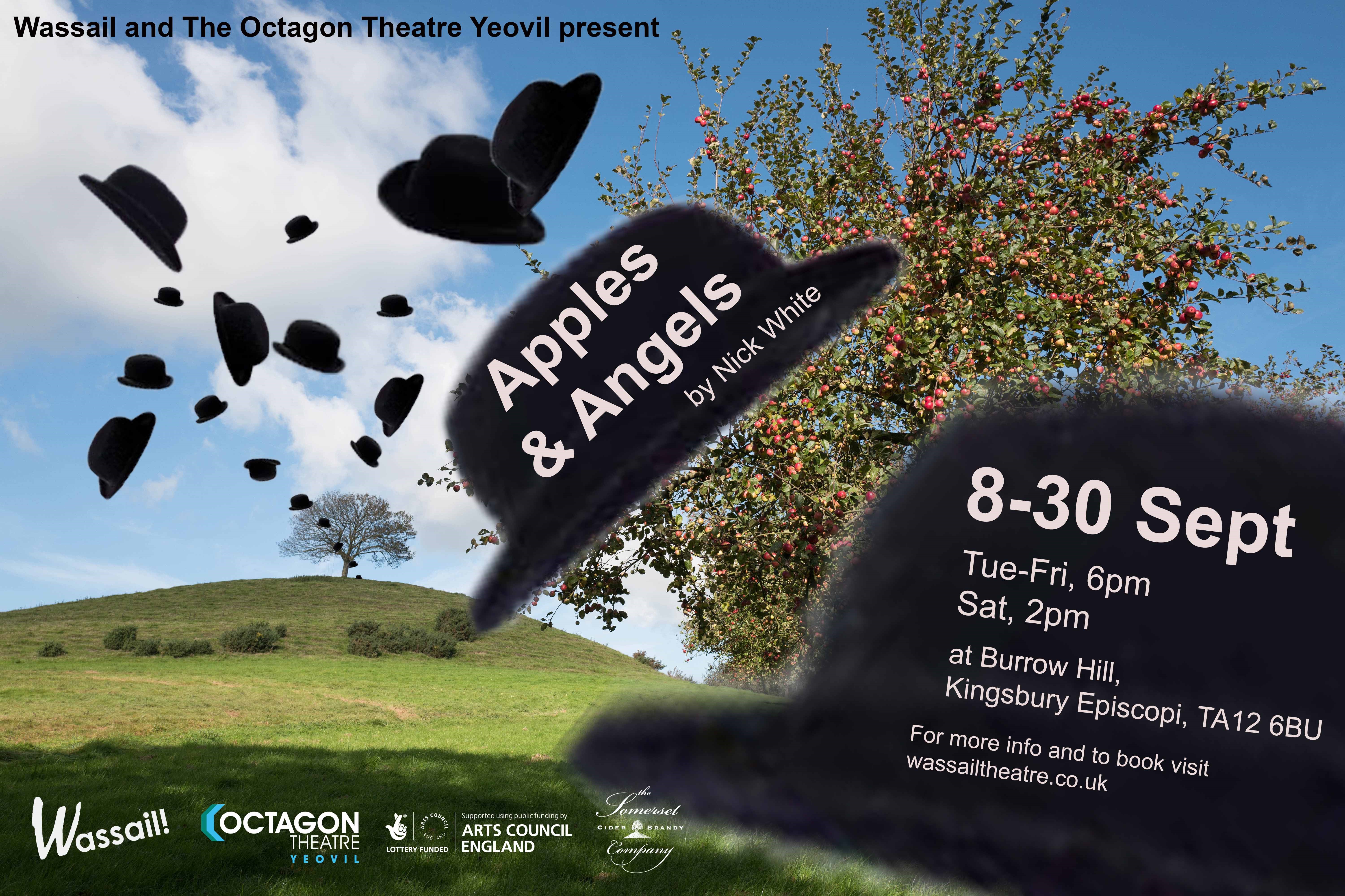 Apples & Angels 8th - 30th September - Image of apple tree and burrow hill with bowler hats flying through the sky