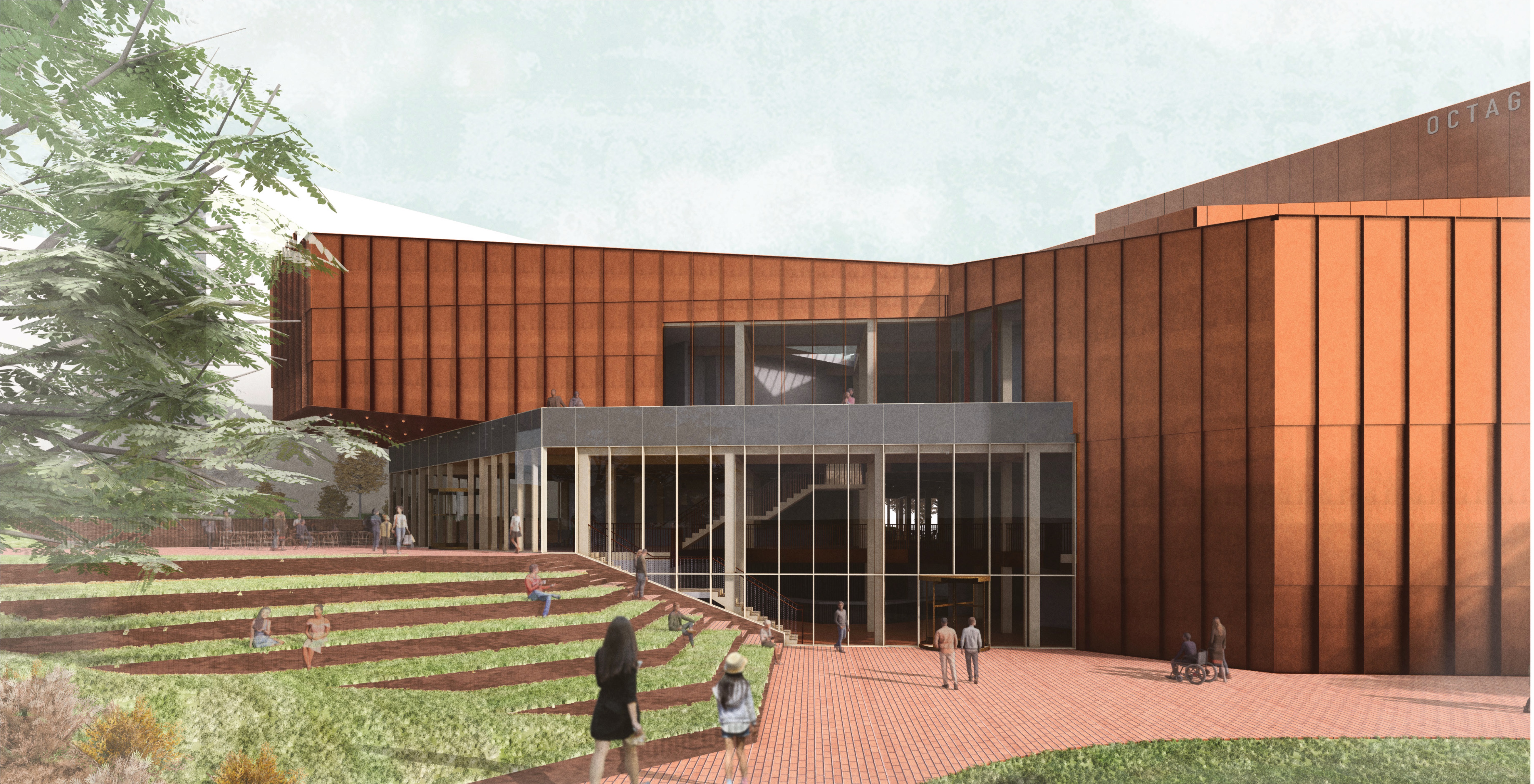 An artists impression of The Octagon Theatre from the current car park area.