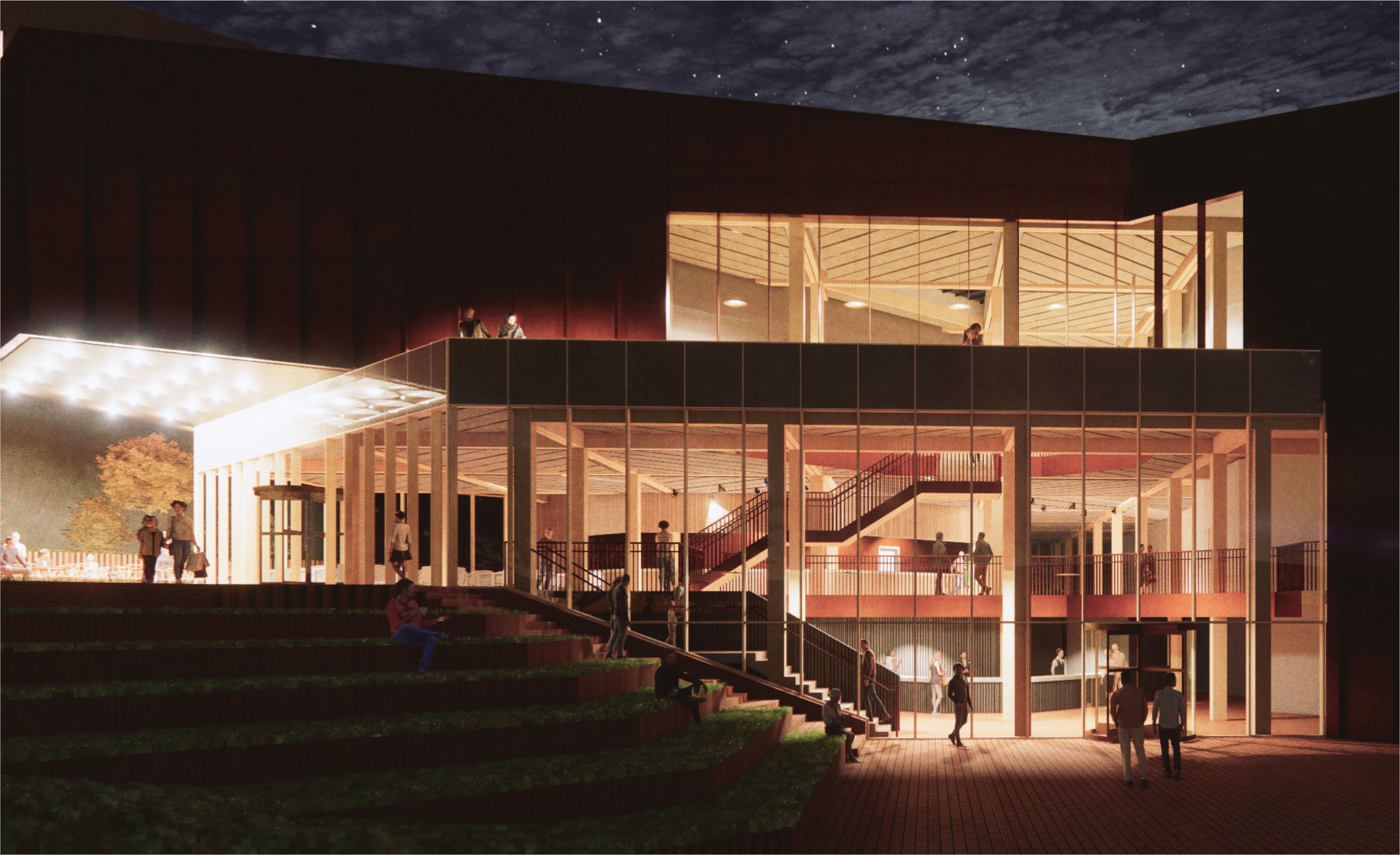An artists impression of outside the redeveloped Octagon Theatre at night.
