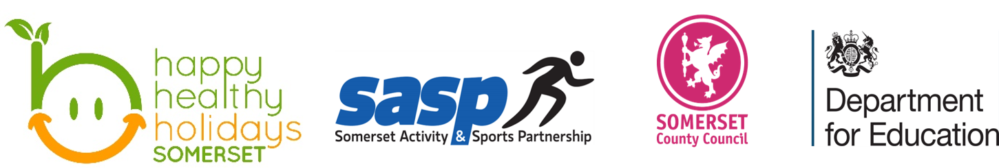 Logos: Happy Healthy Holidays Somerset, Somerset Activity & Sport Partnership, Somerset County Council, Department for Education