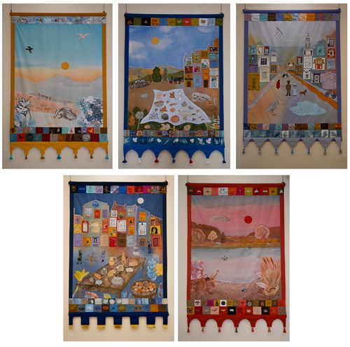 5 Banners of Chard, depicting the highstreet, river and surrounding farmland