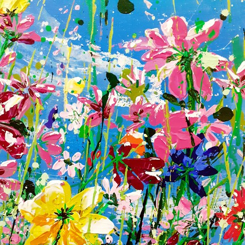 Detail from 'Courage' by Celia Brokenshire - colourful abstract flowers gazing up at blue sky background